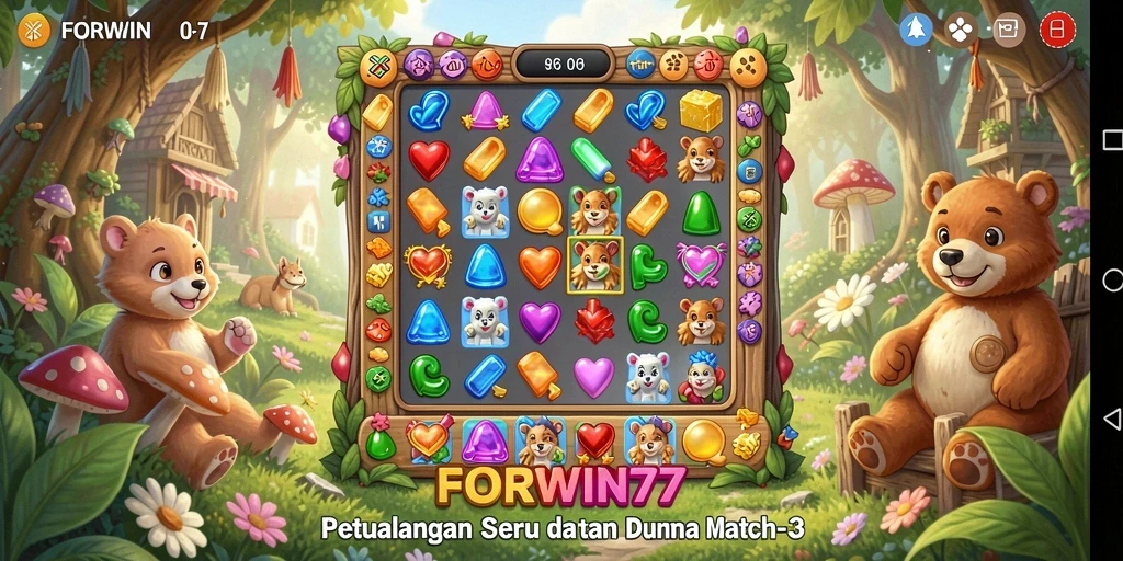 Screenshot utama FORWIN77 menampilkan permainan Match-3 yang seru.