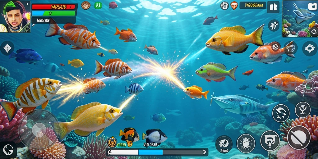 Screenshot MR888 menampilkan aksi menembak ikan di lautan yang cerah.