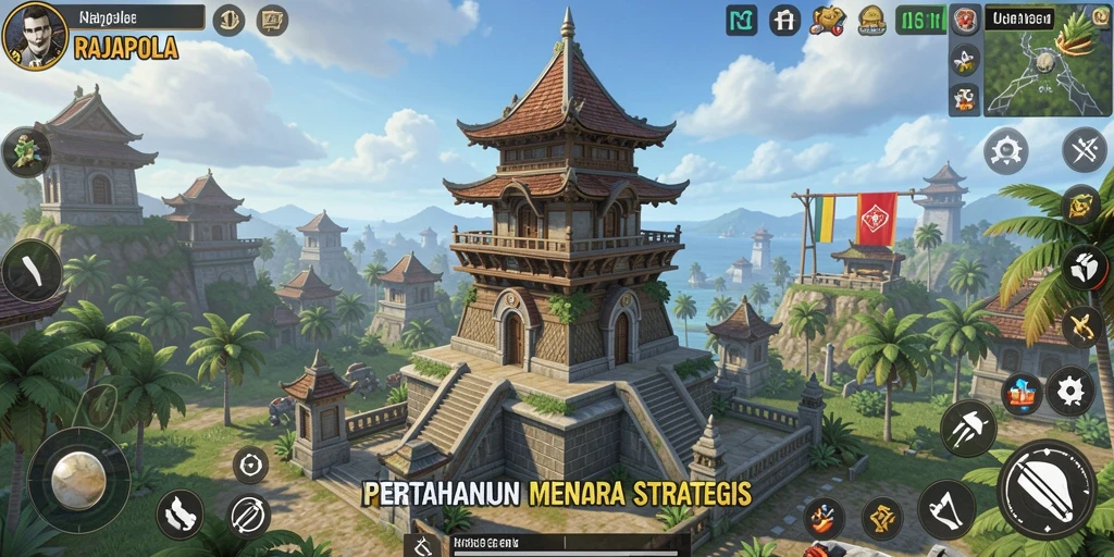 Tampilan gameplay menegangkan di RAJAPOLA dengan menara pertahanan strategis.